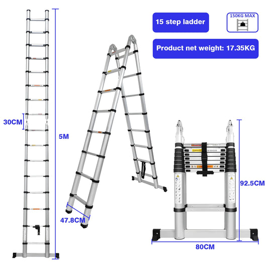 Aluminium Telescopic Ladder Heavy Duty A Frame Non Slip