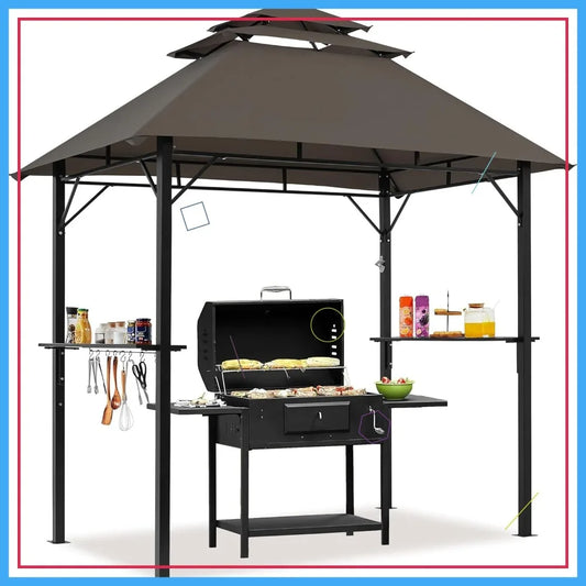 Outdoor BBQ Grill Gazebo With Adjustable Shelves Hooks Bottle Opener