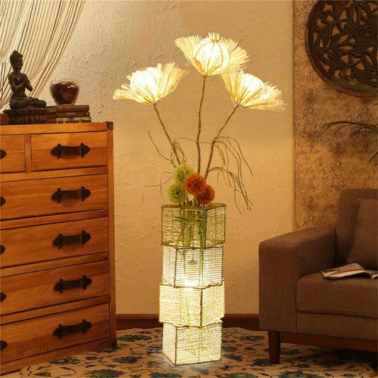 Modern Rattan Floor Lamp Dimmable LED Flower Night Light Living Room
