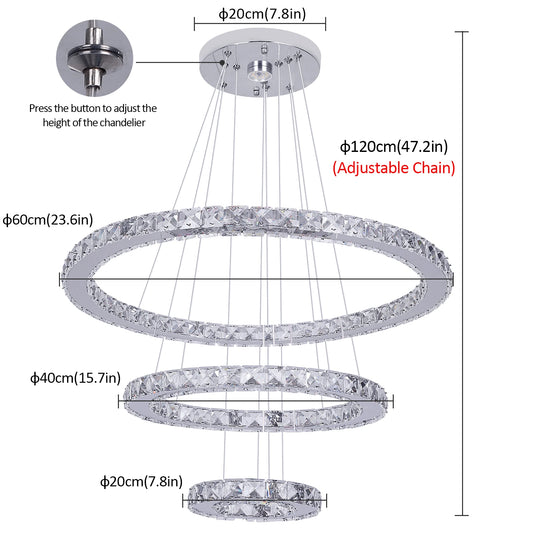 VETRULUS Crystal Ceiling Chandelier Three Rings Pendant Light
