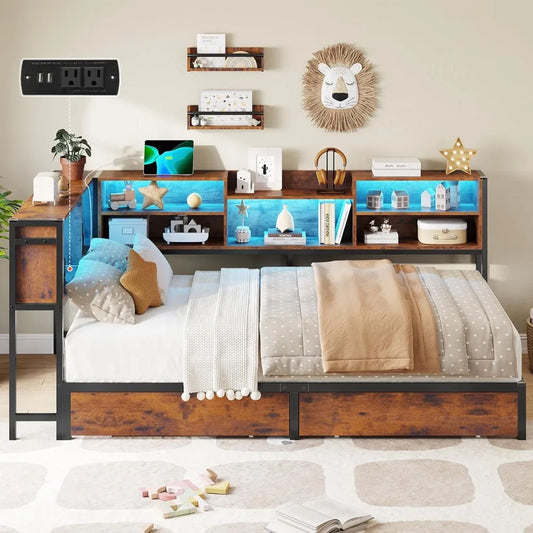 XMSJ Corner Bed Frame With Bookcase Storage LED Lights