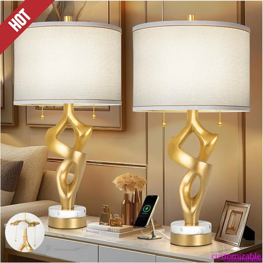 Sculptural Table Lamp Set Of 2 Marble Base USB Ports